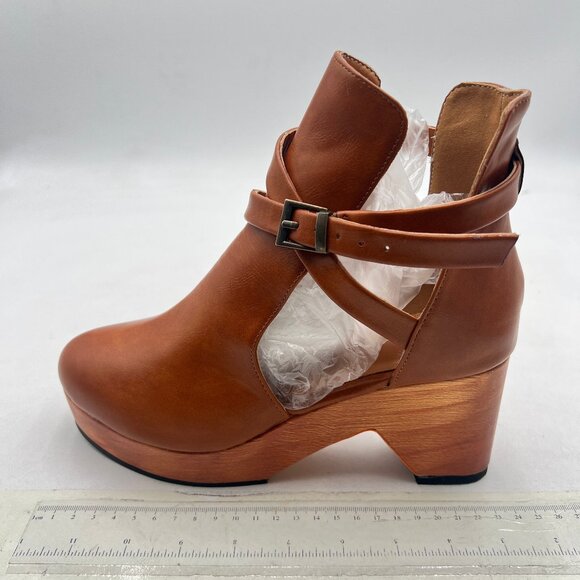 YDN Brown Platform Cross Strap Buckles Closed Toe High Heel Cutout Ankle Boots - Picture 2 of 8